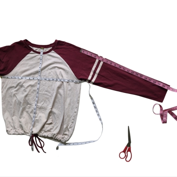 ADDISON MEADOW Striped Raglan Tee‎ Drawstring Hem Kangaroo Pocket Oatmeal Red XL - Picture 9 of 11